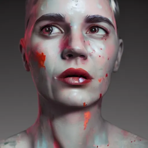 Image similar to women portrait made out of exploding paint, short hair, octane render, highly detailed, comic book art