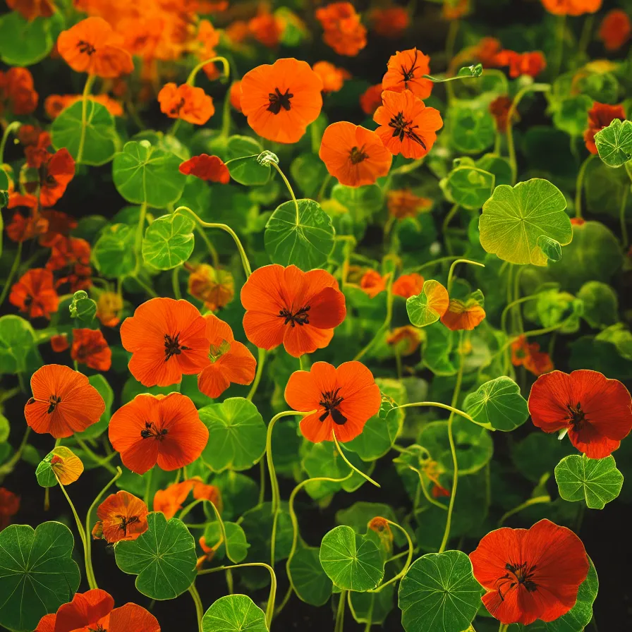 Image similar to a 5 5 mm photo portrait of a nasturtium plant still life, cinematic lighting, sharp focus, photography of the year