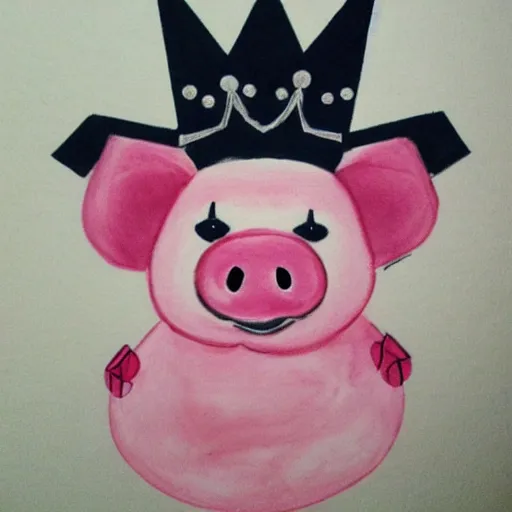 Image similar to pig wearing crown, anime style art, black and white, 30mm