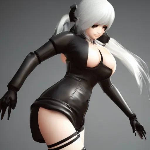 Image similar to 2B from nier automata with thick thighs and a big chest, 4k, unreal engine render, trending in artstation, artstationHD, artstationHQ