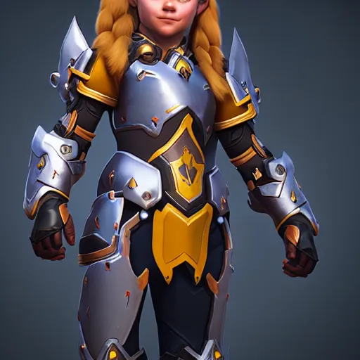 Prompt: a young girl with the appearance and armor of brigitte from overwatch, design, octane render, 4 k, ingame shot