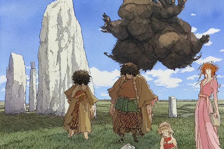 Prompt: a hyperrealist studio ghibli watercolor fantasy concept art. in the foreground is a giant hand coming down from the sky holding a stone. in the background is stonehenge. by rebecca guay, michael kaluta, charles vess