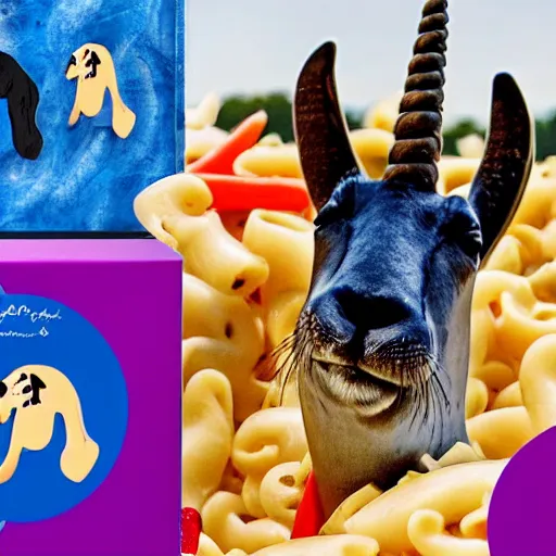 Image similar to A group photo of a seal, a unicorn, a goat and a box of mac and cheese