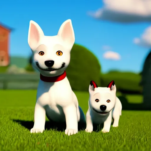 Image similar to tintin and his tiny white fox terrier, depicted as a pixar character, high quality cg render, 8 k