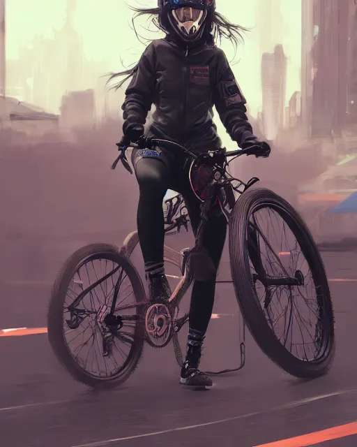 Prompt: girl wearing cyberpunk intricate streetwear riding bike, respirator, detailed portrait, cell shaded, 4 k, concept art, by wlop, ilya kuvshinov, artgerm, krenz cushart, greg rutkowski, pixiv. cinematic dramatic atmosphere, sharp focus, volumetric lighting, cinematic lighting, studio quality