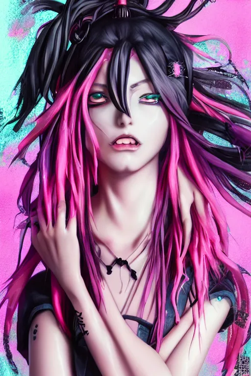 Prompt: portrait of an anime manga cybergoth girl with pink and black floating dreads, straight on portrait, by artgerm, james jean, tom bagshaw, gerald brom, vaporwave colors, lofi colors, vaporwave, lofi, goth vibe, 4 k, smooth, hd, substance designer render,