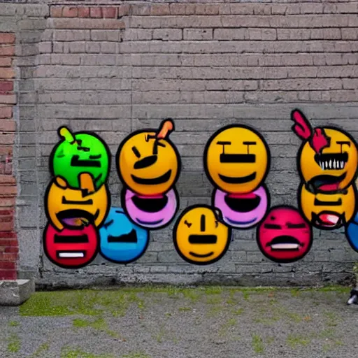 Image similar to spray paint graffiti of emojis in style of Banksy