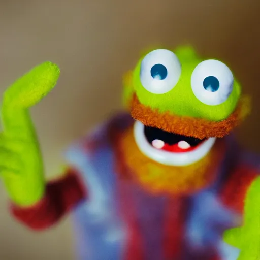 Prompt: macro 3 5 mm photo of a terrified muppet