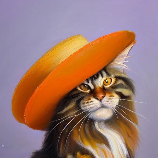 Prompt: Beautiful impasto Oil painting of an orange Maine-coon with a white beard. wearing a wide-brimmed straw sombrero sombrero