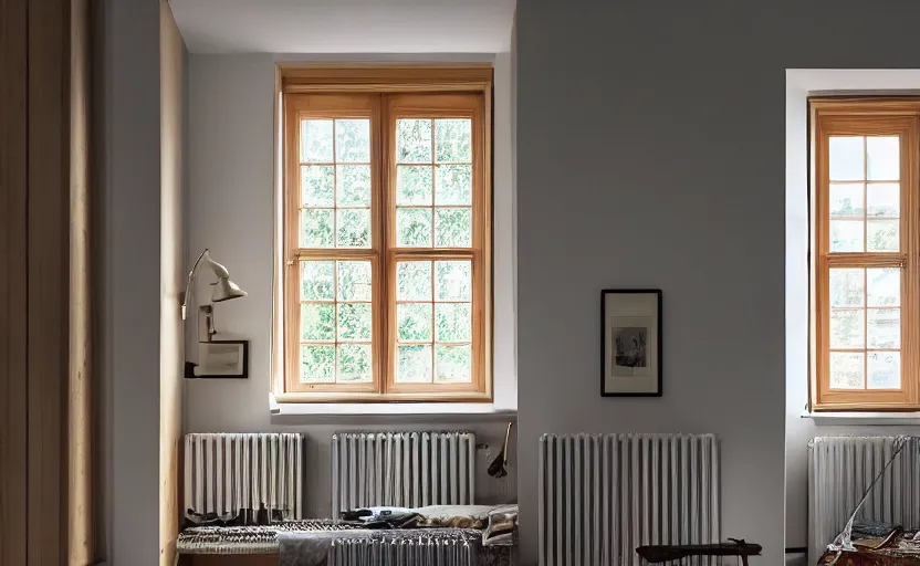 Image similar to interior design magazine photo of a big window with a wooden frame to sit on, great architecture, ambient light, ikea catalogue, 8k