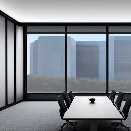 Image similar to brutalist corporate executive offcie room interior design concept big windows minimalist furnitrue by martyn lawrence bullard design high quality ultra realistic 8 k