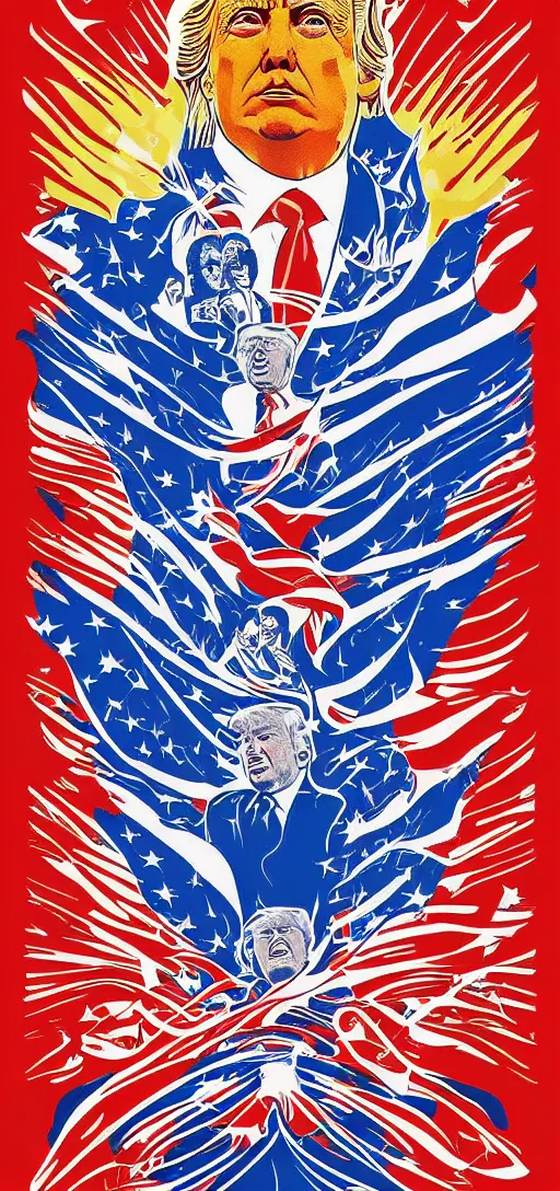 Prompt: donald trump trumpwave apotheosis poster in the style of communist russian propaganda art and alex grey, with bold colors and contrast, patriotic, red white and blue, nationalist, stoic, heroic