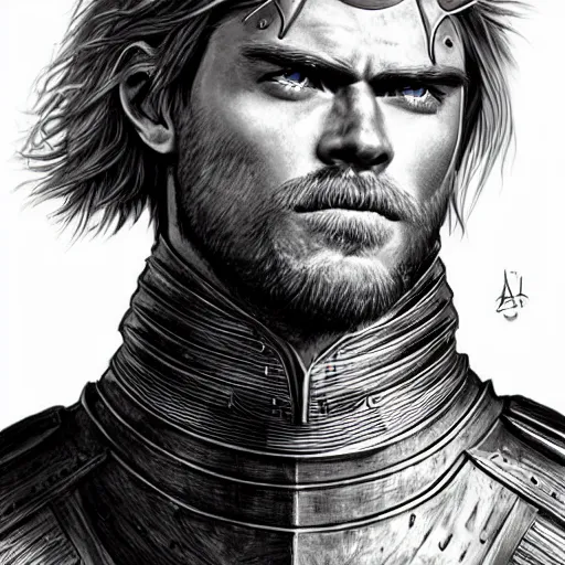 Prompt: a portrait of a medieval knight drawn in the style of jim lee, face of chris hemsworth with a short beard and short blonde hair, trending on artstation, realistic, detailed