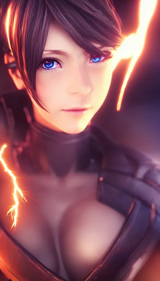 Image similar to render as a very beautiful 3d anime woman with short brown hair, blue eyes, heavy makeup, short smile, cinematic lightning, highly detailed, trending on Artstation, Unreal Engine 4k, cinematic wallpaper