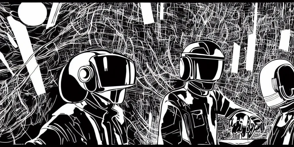 Image similar to detailed black ink manga artwork of 2 Daft Punk robot rock using Apple notebook Macbook at an underground warehouse rave in Ibiza, playing techno house music, thousands of beautiful girls in bikini dancing, in the style of manga illustration, wires, speakers, black and white ink, some ink drips, sharp details