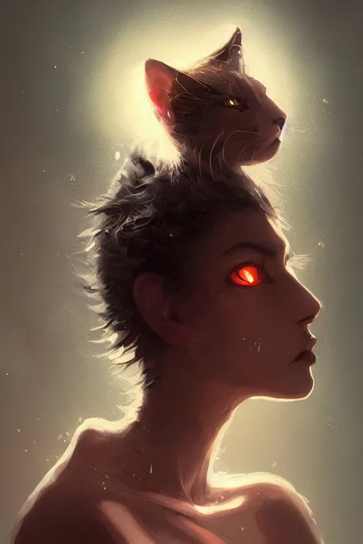 Image similar to A fancy portrait of an attractive cat girl by Greg Rutkowski, beeple, Sung Choi, Mitchell Mohrhauser, Maciej Kuciara, Johnson Ting, Maxim Verehin, Peter Konig, final fantasy, macro lens , 8k photorealistic, cinematic lighting, HD, high details, dramatic, dark atmosphere, trending on artstation