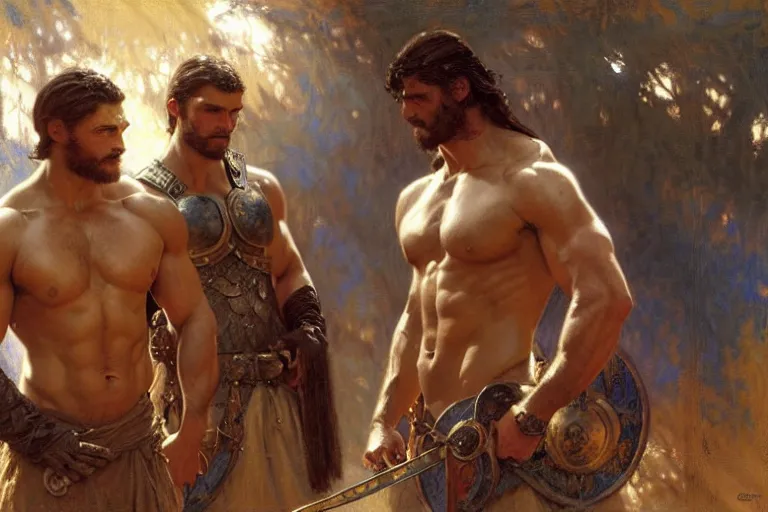 Prompt: 2 muscular attractive men, game of thrones, painting by gaston bussiere, craig mullins, greg rutkowski, alphonse mucha