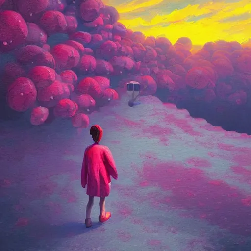 Image similar to giant cherry flower as a head, girl walking in a canyon, surreal photography, sunrise, dramatic light, impressionist painting, colorful clouds, digital painting, artstation, simon stalenhag