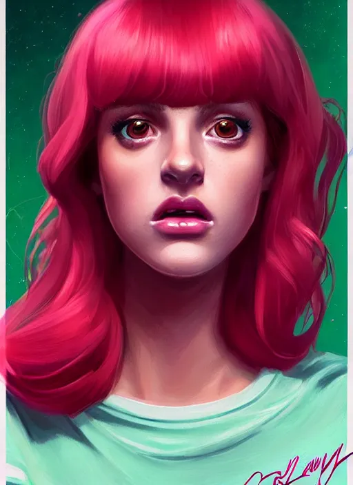 Image similar to full body portrait of teenage cheryl blossom, bangs, green eyes, sultry expression, red hair, sultry smirk, bangs and wavy hair, pink skirt, intricate, elegant, glowing lights, highly detailed, digital painting, artstation, concept art, smooth, sharp focus, illustration, art by wlop, mars ravelo and greg rutkowski