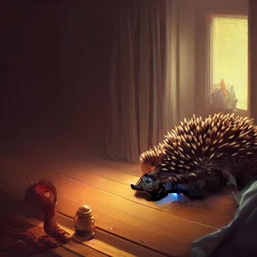 Image similar to photorealistic render of a hedgehog going to bed in the evening, by wlop, artgerm, greg rutkowski, alphonse mucha, beautiful dynamic dramatic dark moody lighting, shadows, cinematic atmosphere, artstation, concept design art, octane render, 8 k