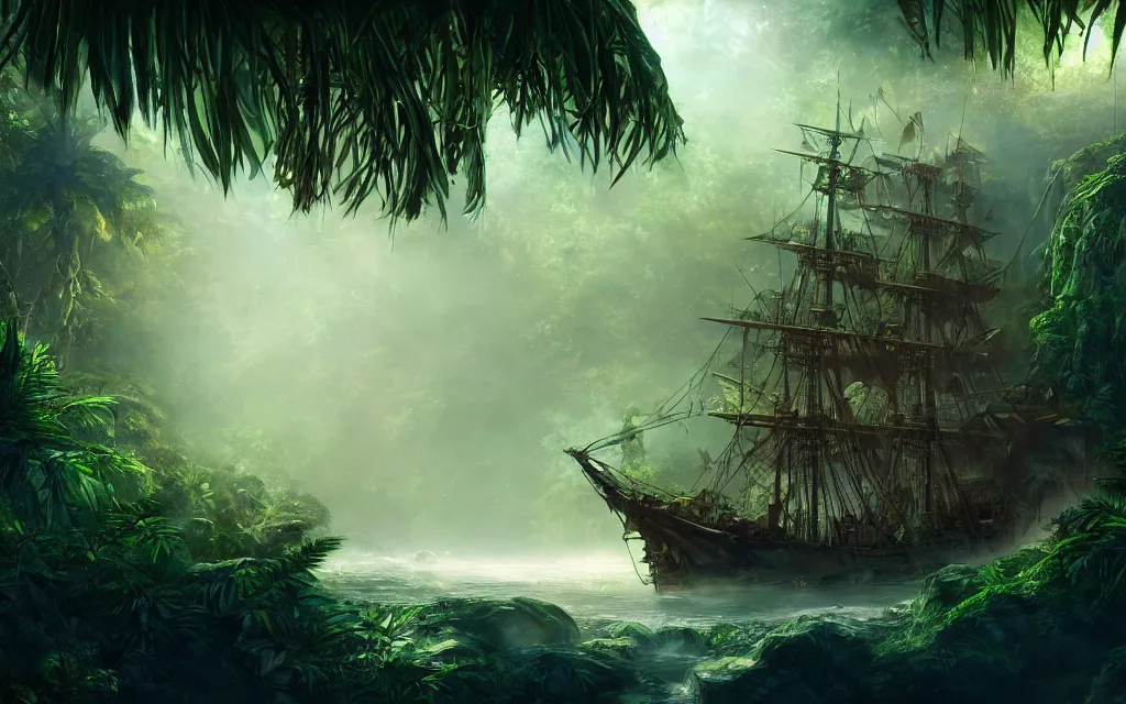 Image similar to a large pirate ship in a dense jungle, misty background, light rays, beautiful lighting, vivid colors, intricate, elegant, highly detailed digital painting, concept art, smooth, sharp focus, unreal engine, 4 k wallpaper, trending on cgsociety, trending on artstation