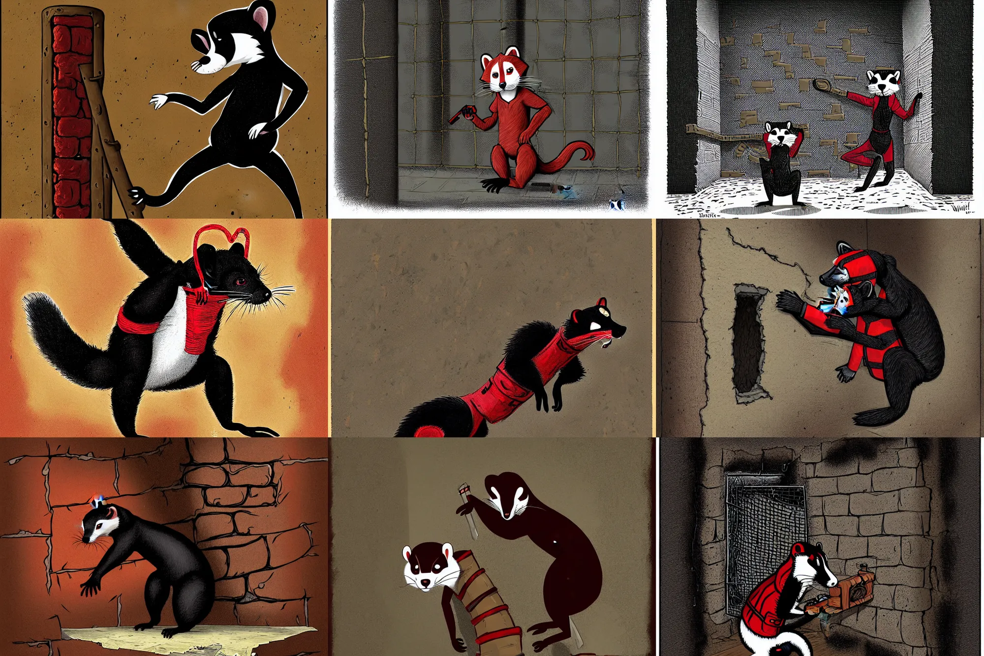 Prompt: illustration of an anthropomorphic red - and - black weasel - ferret - stoat fursona ( from the furry fandom ) dressed in prisoner's regalia, scratching and chiseling on a prison cell wall creating cracks and impressions, paint flows through the nooks and crannies, art style : world of darkness sourcebook ( by white wolf )