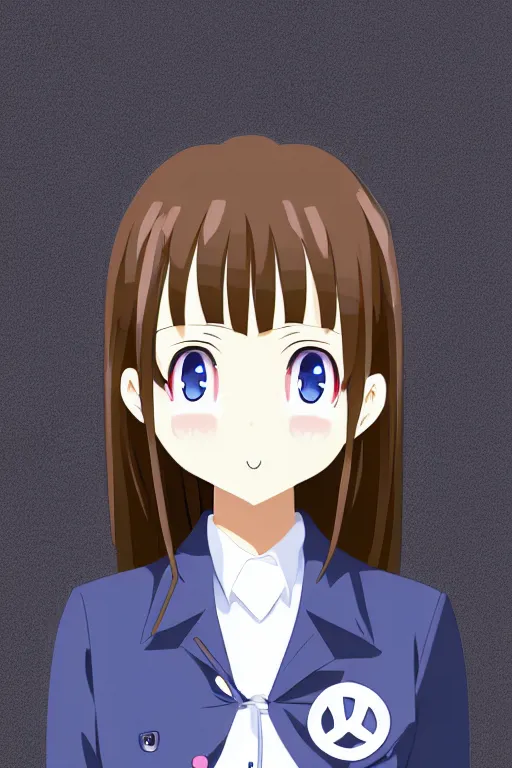 Image similar to full body anime portrait of a cute android girl round eyes long hair dressed in a school uniform inside the school, peace sign, stunning, highly detailed, anatomically correct, vector art, hyper realistic