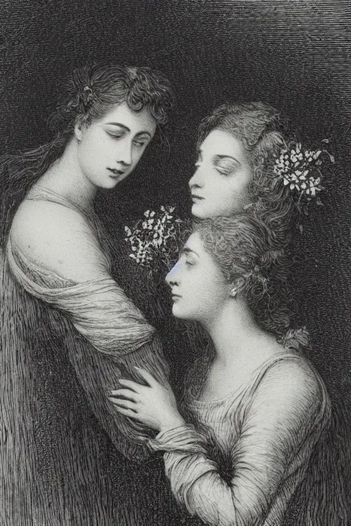 Image similar to black and white, close up portrait of two women in flowers, Gustave Dore lithography