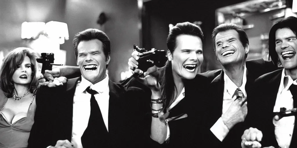 Prompt: still frame of Geena Davis, Roger Moore and Jim Carrey in Pulp Fiction laughing hysterically in a dark bar over a tiny gun