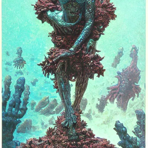 Prompt: a statue under the sea, by wayne barlowe,