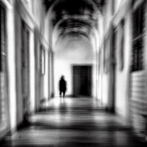 Image similar to a grainy photo of a shadowy figure in a birdcage in an old abandoned hall, black and white, motion blur, long exposure