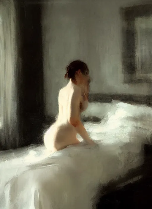 Image similar to portrait painting of a woman posing in an artistic over a bed, white satin sheets by jeremy mann, only one head single portrait