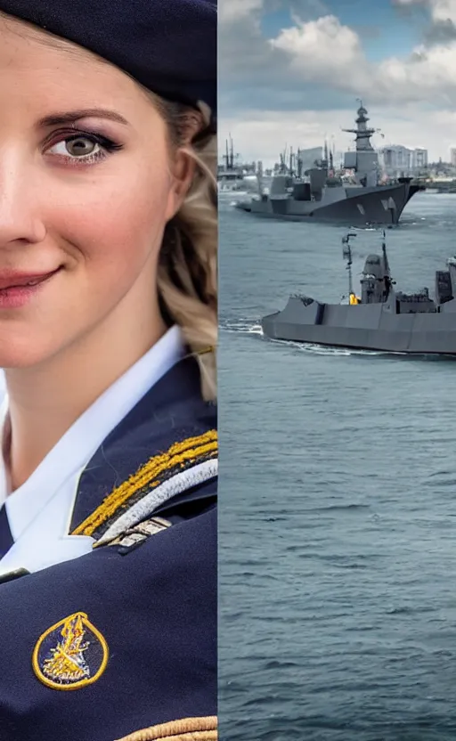 Prompt: portrait photo of a girl in admiral uniform, military naval port in the background, highly detailed, high resolution, cosplay photo, stunning, promotional video of the armed forces, bokeh soft, 100mm, realistic warship design, trending on instagram, by professional photographer, realistic human anatomy, real human face, admiral clothing, modern naval warfare, realistic guns, photo shot with a arriflex 35 ii, low saturation, hard surfaces