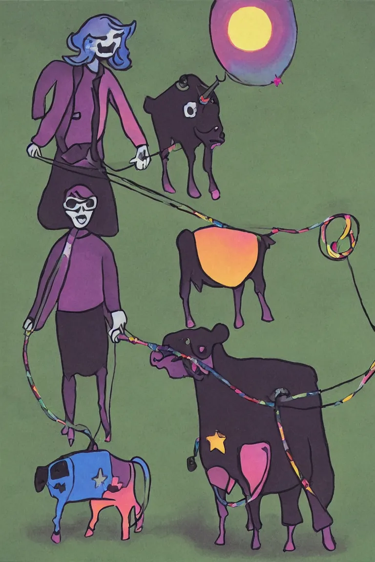 Prompt: grim reaper wearing rainbow shaped star glasses walking a cow on a leash