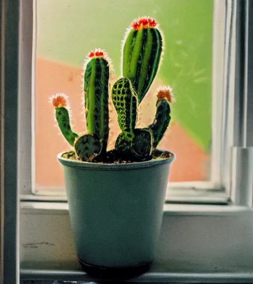 Image similar to a vintage photo of a cactus in a pot on a sunny windowsill