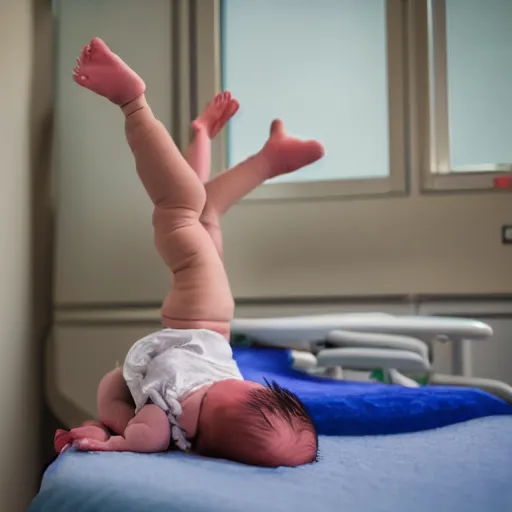 Prompt: newborn doing cartwheels in the hospital