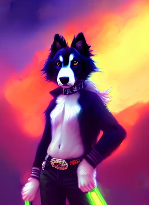 Image similar to wide angle beautiful full body portrait of a cute male anthropomorphic anthro border collie fursona wearing cowboy outfit in a neon metropolis, character design by charlie bowater, henry asencio, and ross tran, furry art, furaffinity, beautiful, glamor pose, detailed, aesthetic, trending on artstation