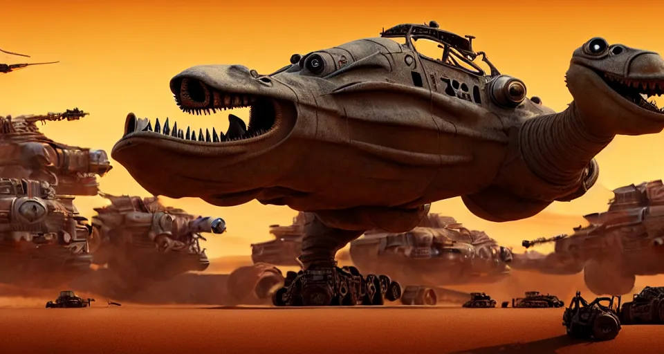 Prompt: pixar flying dinosaurs googly eyes, fury road, dune movie, a 1 0 warthog, warm colored highly detailed cinematic scifi render of 3 d sculpt of spiked gears of war skulls jabbas palace cybertron, military chris foss, smelting pit'beeple, halo, star citizen, halo, mass effect, flying in sky