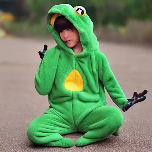 Image similar to frog kigurumi, 8k, realistic