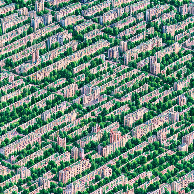 Image similar to Bird-eye view of soviet town, infinitely long soviet-era panel-buildings, infinitely street with a perfect green lawn. High detail, details, 105mm, symmetric, symmetrical, cinematic