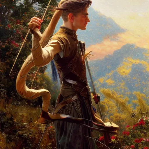 Image similar to a beautiful painting of attractive legolas the elf at the apple event, highly detailed painting by gaston bussiere, craig mullins, j. c. leyendecker 8 k