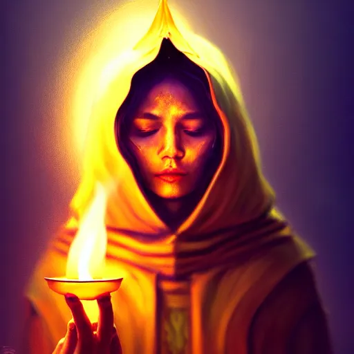 Prompt: ( a priestess with a hood that covers half her face carries an incense burner that emits a pleasantly colored flame. ) by anato finnstark, photorealistic, fullbody portrait, dynamic lighting, beautiful, trending on artstation, wallpaper, 4 k, award winning, digital art, golden hues, firm line