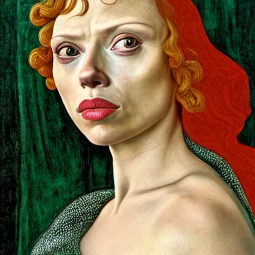 Image similar to scarlett johansson as gollum, elegant portrait by sandro botticelli, detailed, symmetrical, intricate