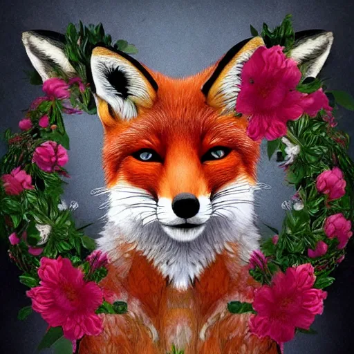 Image similar to portrait of a fox wearing a tiara wreath flowers, fantasy art, trending on artstation deviantart, beautiful art, highly detailed