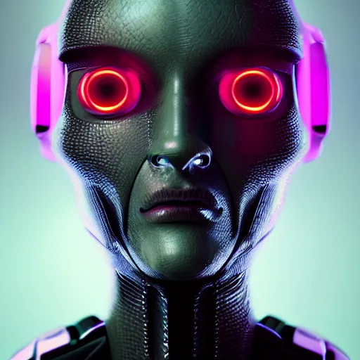 Image similar to cyberpunk cyborg insect alien face portrait, detailed face, sharp focus, synthwave art, aesthetic, octane render, raw, cinematic