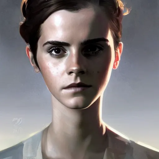 Image similar to Emma Watson as a synth in Fallout 4, gorgeous, beautiful, intricate, highly detailed, digital painting, artstation, oppressive lighting, concept art, sharp focus, illustration, art by greg rutkowski and alphonse mucha