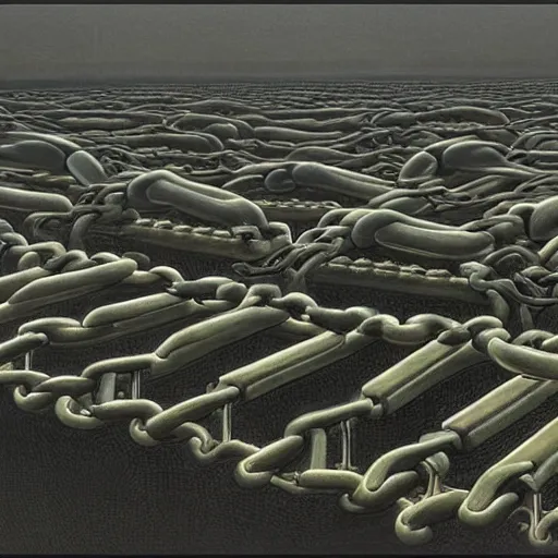 Image similar to A beautiful hyper realistic detailed painting of a chain of blocks, a cybernetic hybrid of 2 gigantic tall skyscaper sized quantum computers and a block calculator machine on a vast black granite tarmac, connected by gold and silver wire cables and chains, by Beksinski, beeple, unreal engine