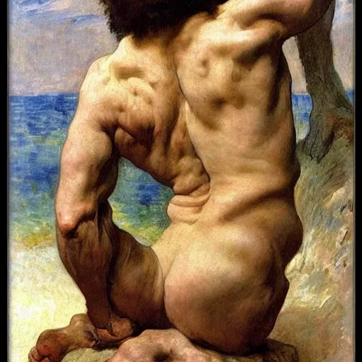 Prompt: portrait of an ancient human species neanderthal muscular rubenesque hairy man, by bouguereau, norman rockwell, ruben, manet, renoir