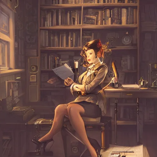 Prompt: a steampunk detective woman sitting in her office writing on a piece of paper | | cute - fine - face, pretty face, fine details by stanley artgerm lau, wlop, rossdraws, james jean, andrei riabovitchev, marc simonetti, and sakimichan, trending on artstation