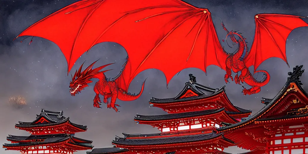 Image similar to Stunning Portrait scene of A Red dragon flying above a Feudal Japan temple during a fireworks festival at night by Kim Jung Gi. Blizzard Concept Art Studio Ghibli. oil paint. 4k. by brom, Intense fireworks by Ross Tran, Greg Rutkowski, Mark Arian, soft render, octane, highly detailed painting, artstation